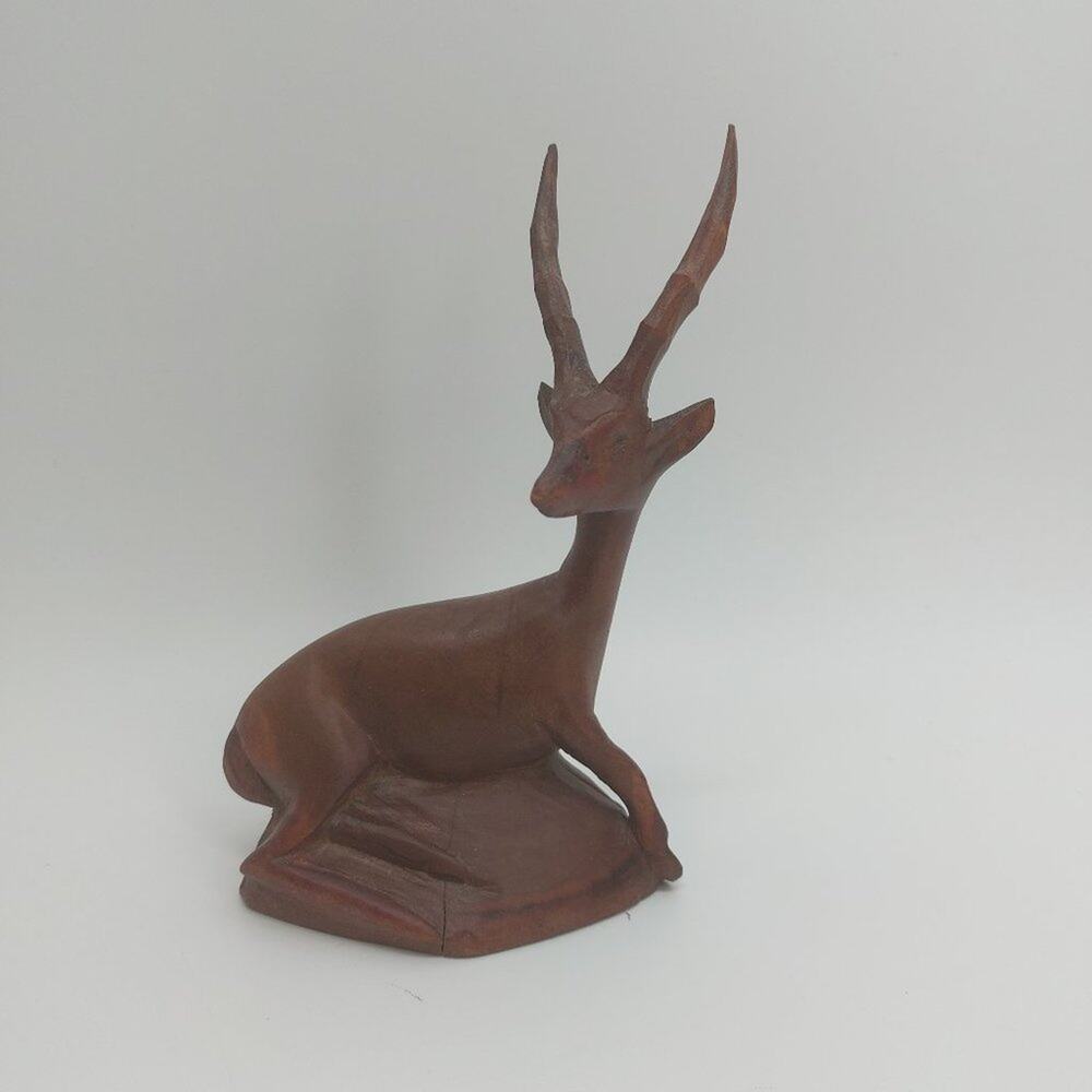 Vintage MCM Hand Carved Wooden Antelope Gazelle Deer Figurine 6" Brown